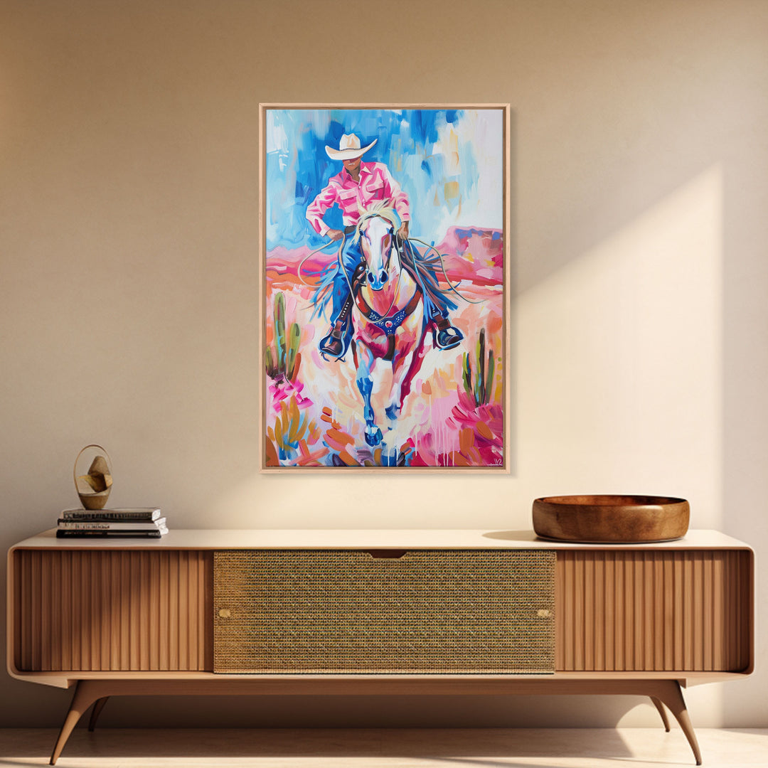 Vibrant Cowboy Riding Horse - Colorful Western Art, Framed Canvas Print, Living Room Decor, Cowboy Painting, Desert Wall Art