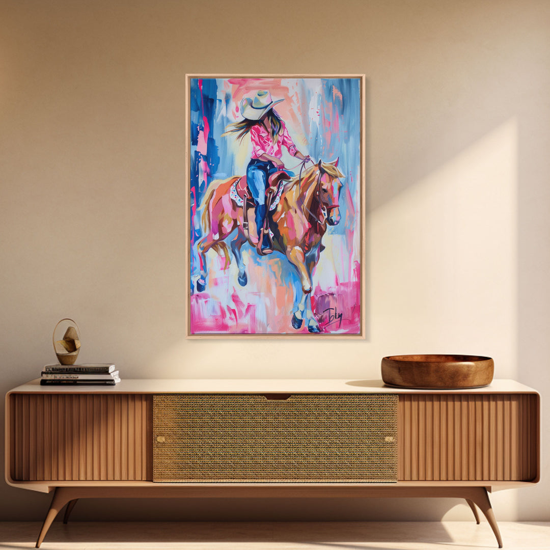 Stylish Cowgirl Riding Horse - Colorful Western Art, Framed Canvas Print, Living Room Decor, Cowgirl Painting, Vibrant Wall Art