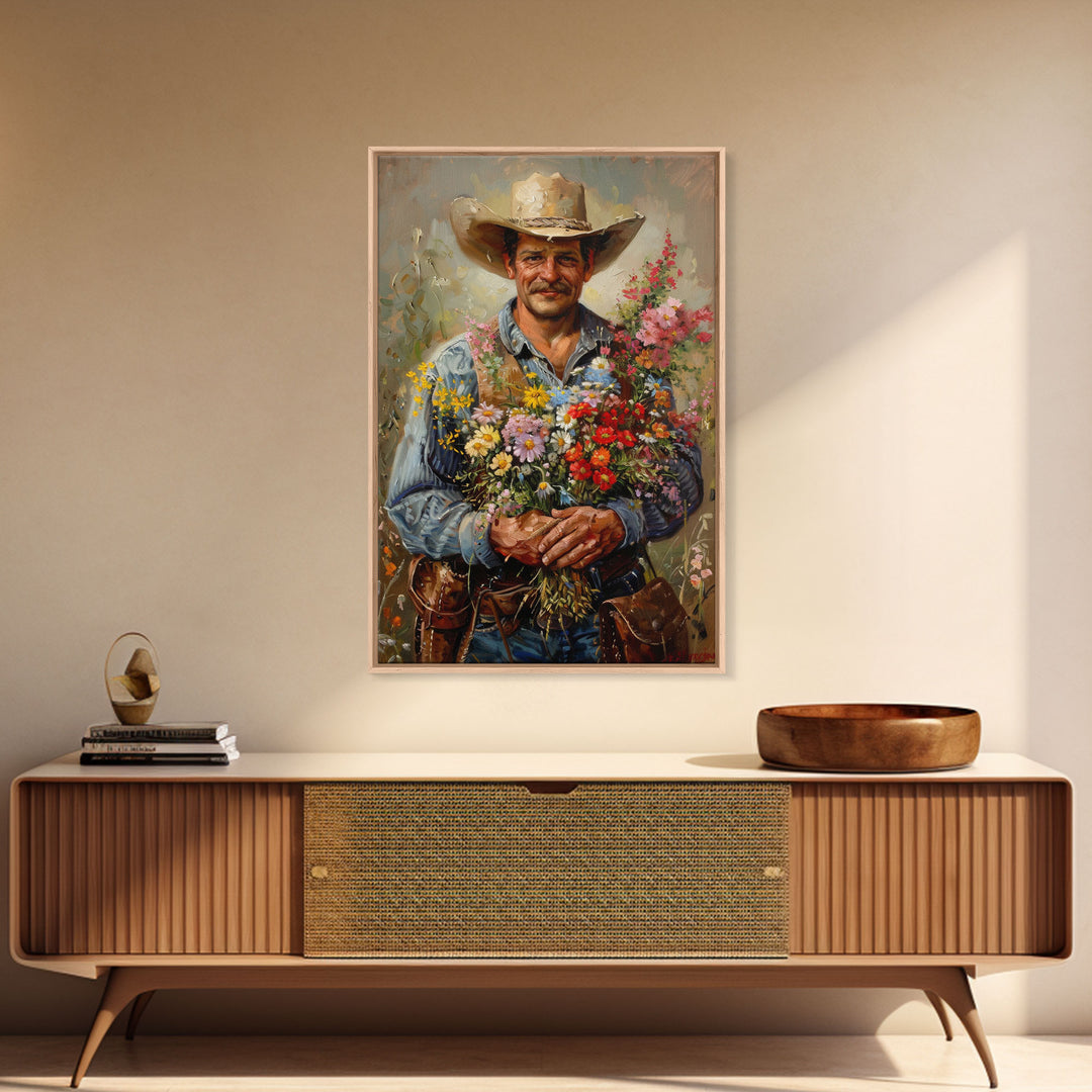 Smiling Cowboy with Flowers - Framed Canvas Print, Country Living Room Art, Rustic Bedroom Decor, Cowboy Art, Wall Art