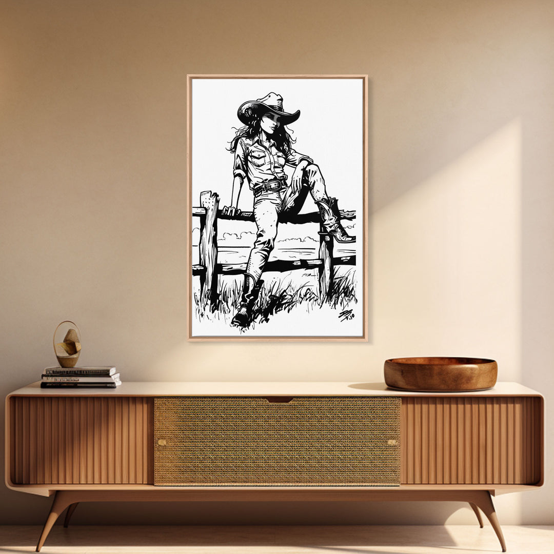 Western Cowgirl on Fence Art Print, Retro Silhouette Framed Canvas, Vintage Western Art, Unique Home Decor