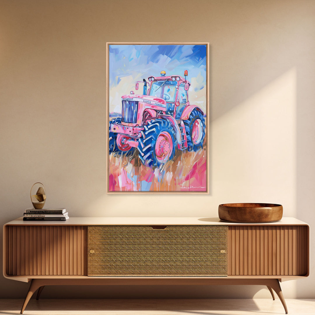 Vibrant Pink Tractor in Field with Blue Sky - Framed Canvas Print, Farmhouse Wall Art, Rustic Tractor Art for Living Room Decor