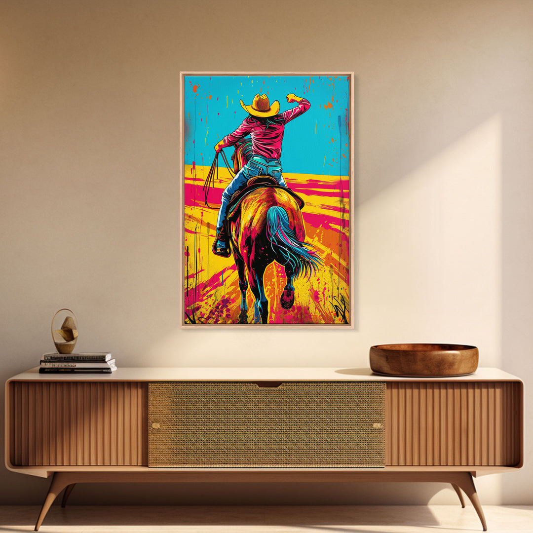 Vibrant Pop Art Cowboy on Horseback in Dynamic Colors - Framed Canvas Print, Western Decor, Cowboy Art for Living Room, Home Wall Art