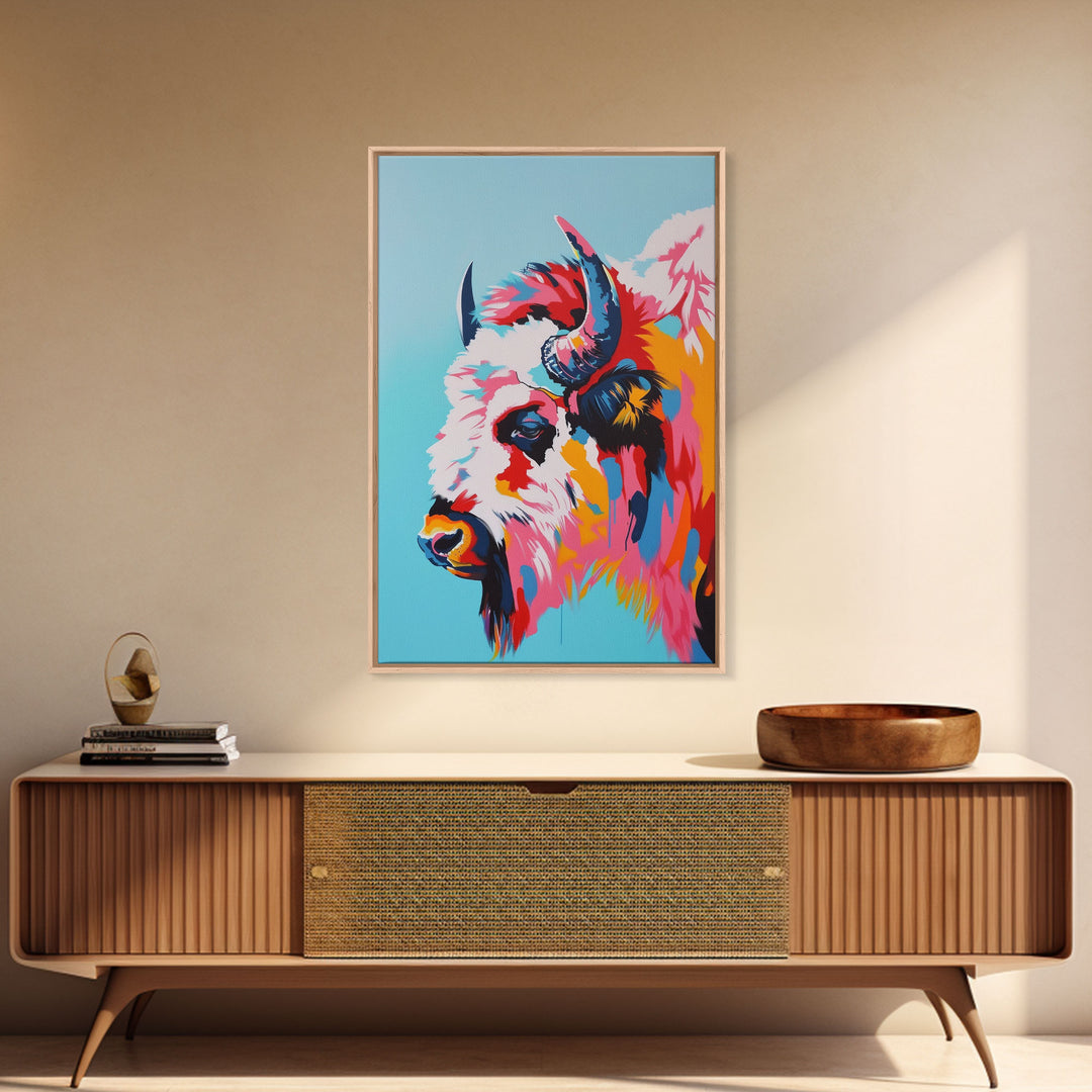 Vibrant Bison Framed Canvas Print - Colorful Animal Wall Art, Living Room Decor, Modern Artwork, Unique Animal Art for Bedroom and Office