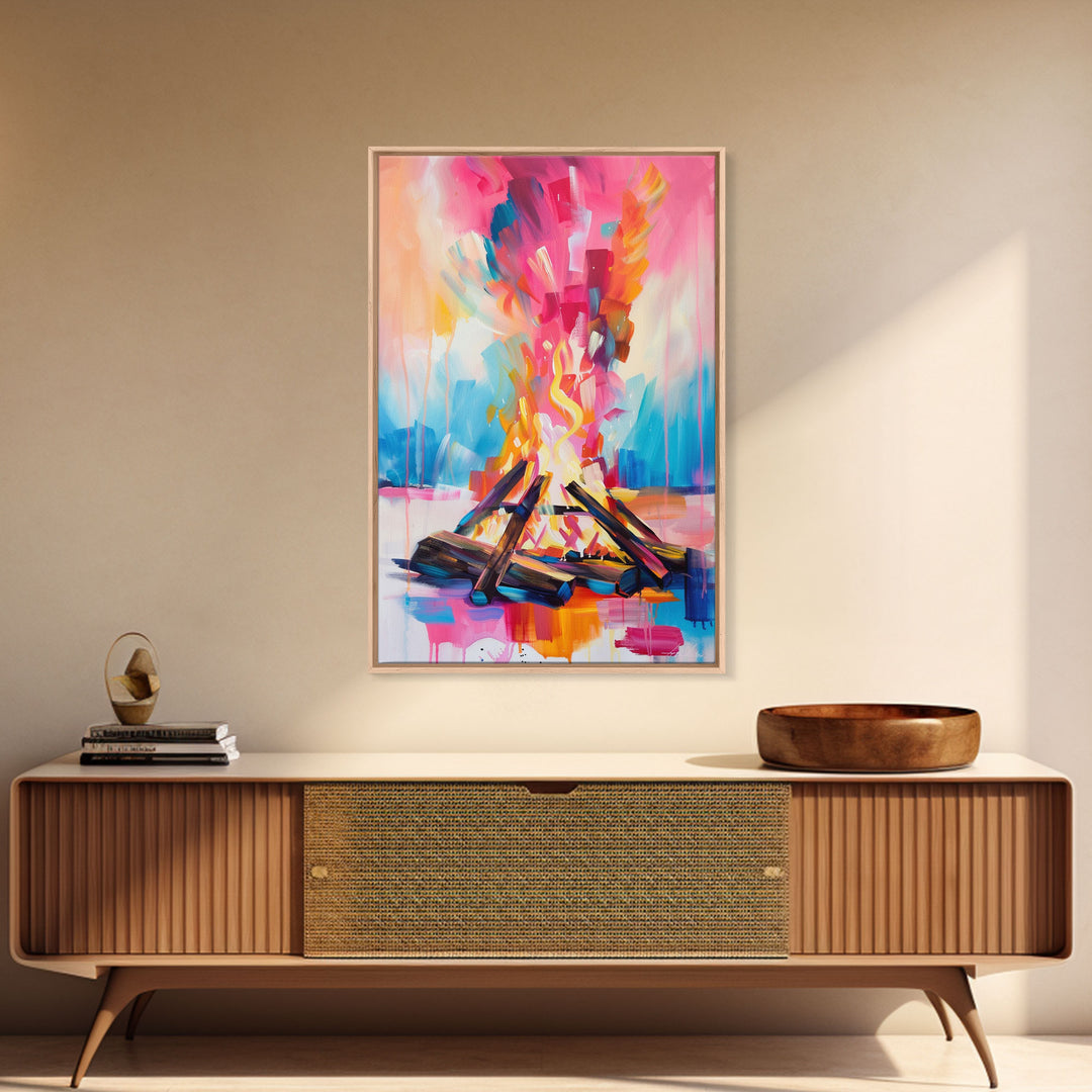 Abstract Campfire Framed Canvas Print - Colorful Fire Wall Art, Living Room Decor, Modern Artwork, Unique Nature Art for Bedroom and Office