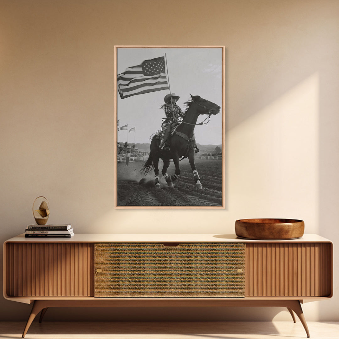 Patriotic Cowgirl with Flag Art Print, Western Rodeo Framed Canvas, Vintage Black and White Photography, Unique Wall Art