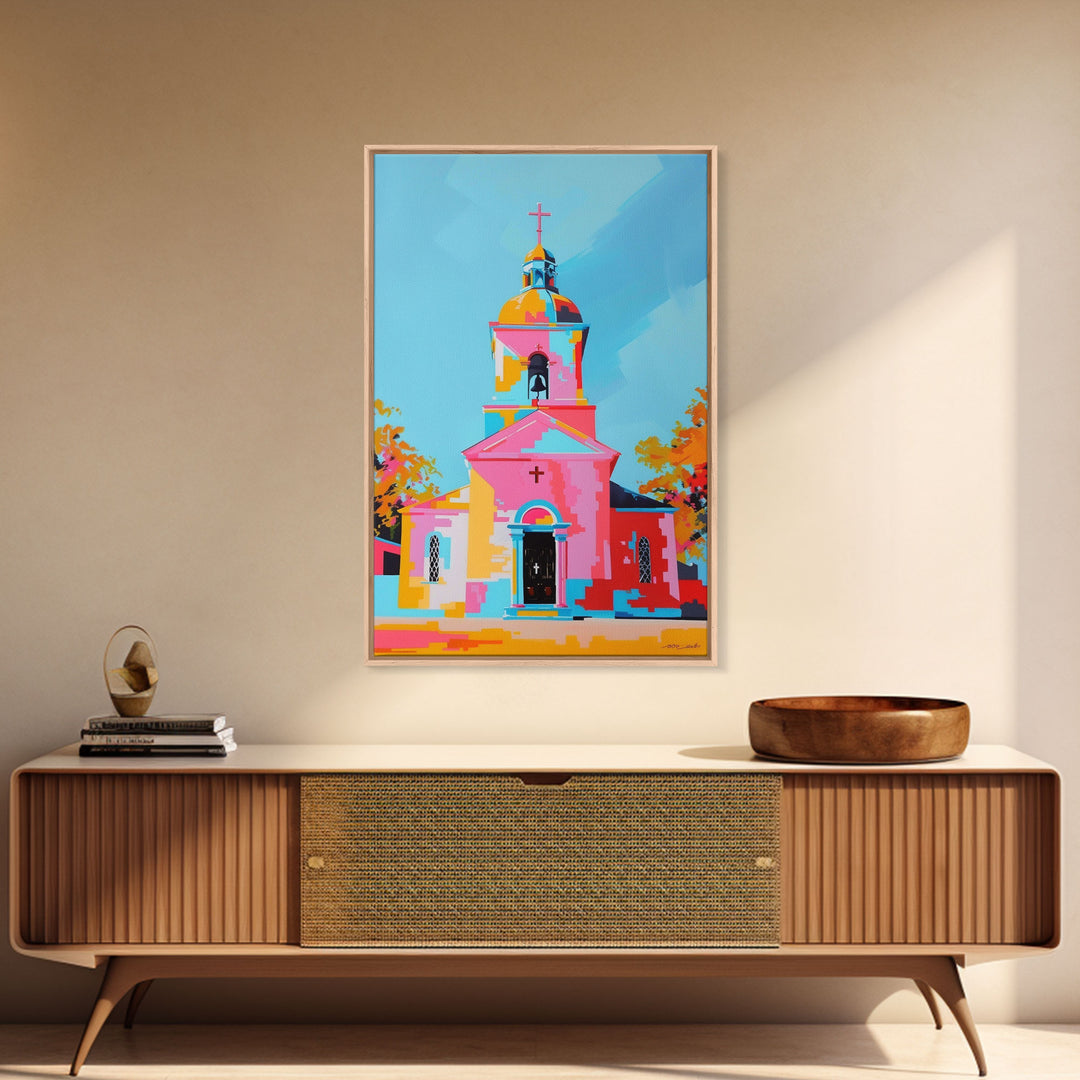 Abstract Church Painting with Bold Colors - Framed Canvas Print, Modern Religious Wall Art, Vibrant Church Decor for Home and Living Room