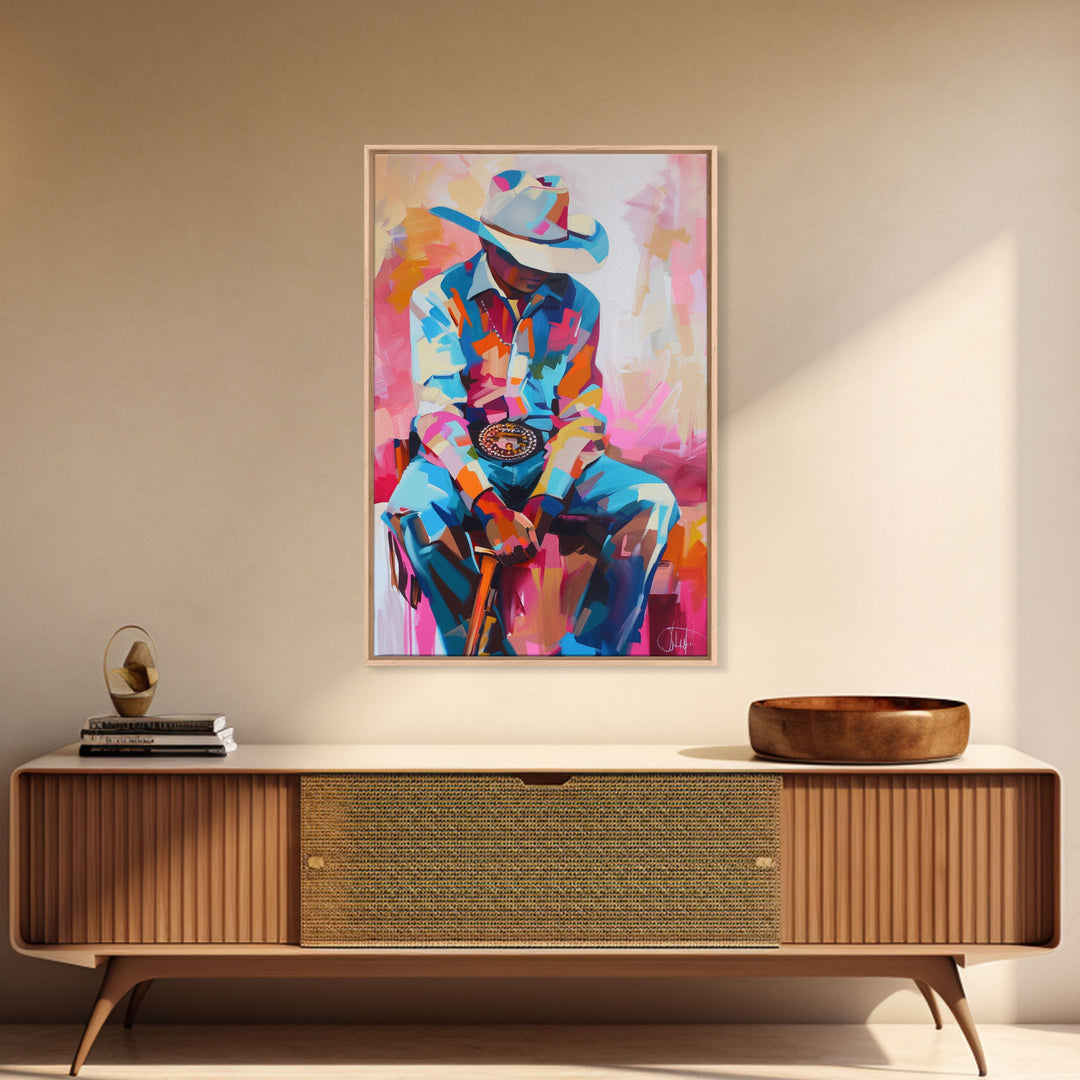 Vibrant Cowboy Portrait in Abstract Colors - Framed Canvas Print, Modern Western Decor, Colorful Cowboy Wall Art for Living Room or Bedroom