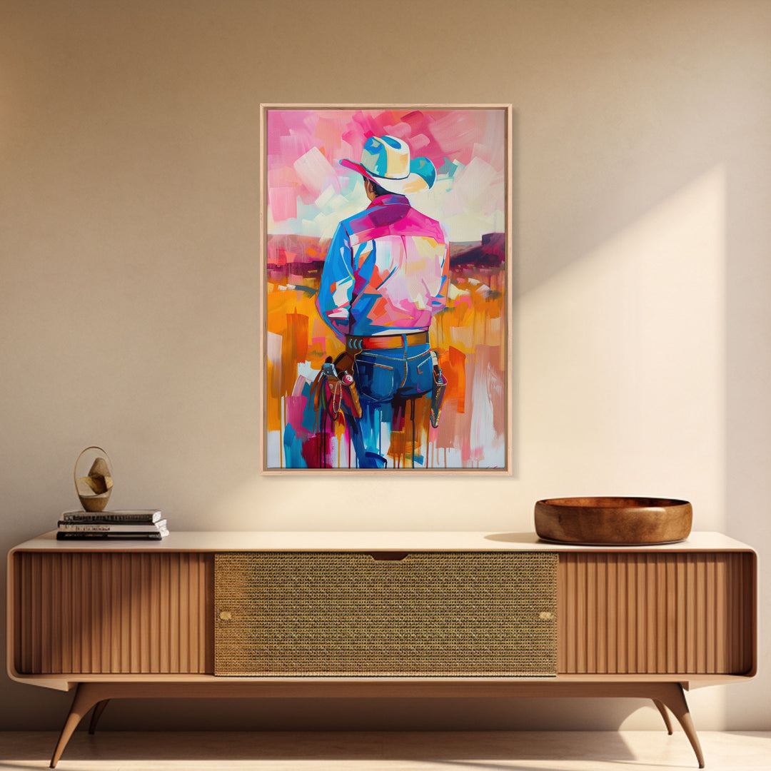 Abstract Cowboy Art in Pastel Hues - Framed Canvas Print, Contemporary Western Decor, Colorful Cowboy Wall Art for Living Room or Bedroom