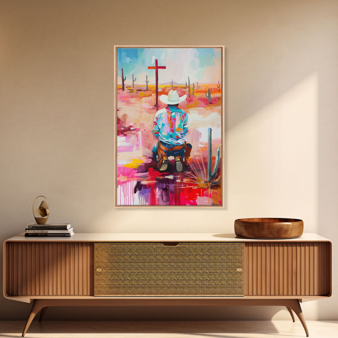 Abstract Cowboy Kneeling by Cross Art - Framed Canvas Print, Modern Southwestern Decor, Vibrant Living Room Wall Art