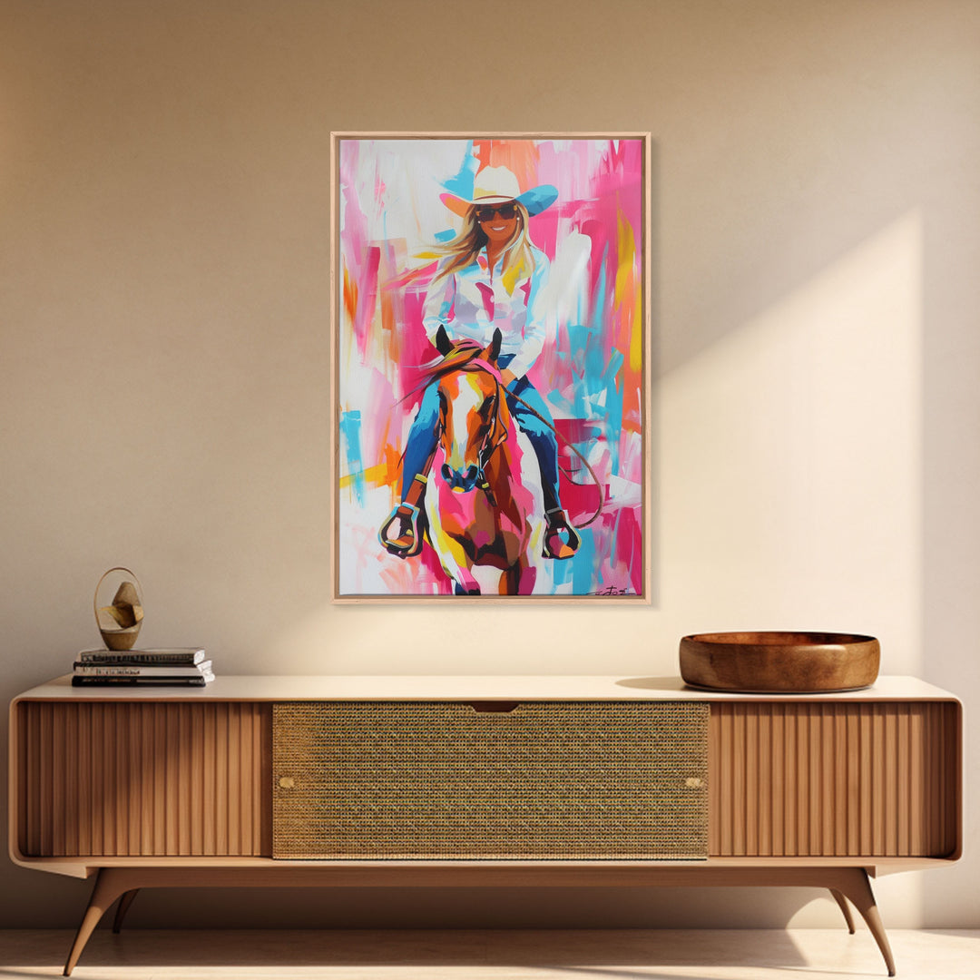 Smiling Cowgirl Riding Horse Art - Framed Canvas Print, Cheerful Living Room Decor, Colorful Western Wall Art, Horse Rider Artwork