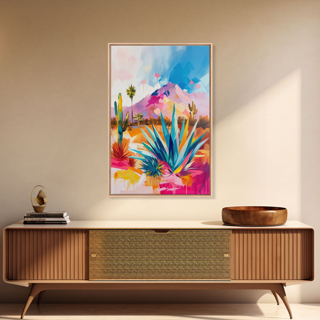 Vibrant Desert Landscape Art - Framed Canvas Print, Southwestern Decor, Modern Living Room Wall Art, Colorful Cactus and Mountains