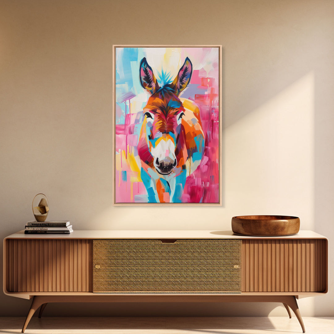 Vibrant Donkey Close-up Art - Framed Canvas Print, Southwestern Decor, Colorful Living Room Wall Art, Modern Animal Portrait