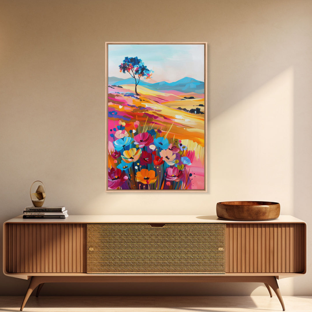 Vibrant Hills and Flowers Framed Canvas Print - Colorful Landscape Wall Art, Bright Living Room Decor, Whimsical Bedroom Art