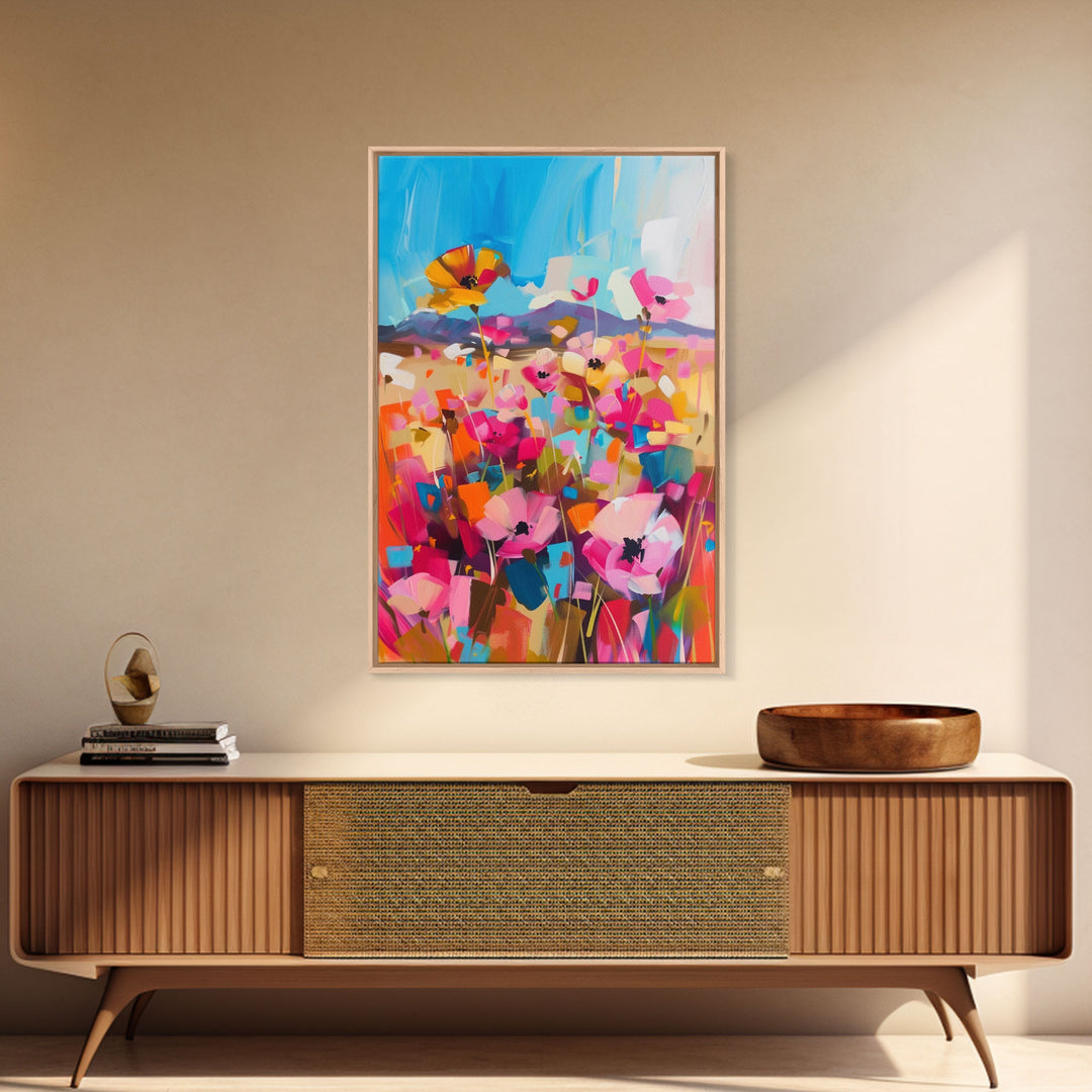 Wildflower Meadow in Bloom Framed Canvas Print - Bright Floral Wall Art, Cheerful Living Room Decor, Colorful Bedroom Art, Nature Art