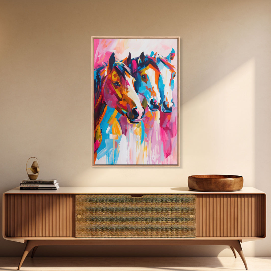 Three Horses in Vibrant Colors Framed Canvas Print - Bold Horse Wall Art, Eye-catching Living Room Decor Bright Bedroom Art Horse Lover Gift