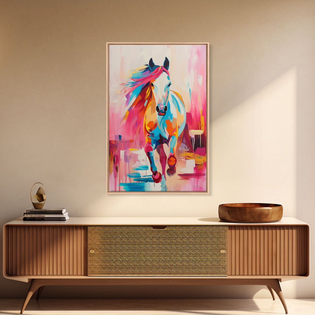 Vibrant Horse in Motion Framed Canvas Print - Dynamic Horse Wall Art, Colorful Living Room Decor, Energetic Bedroom Art, Equestrian Home Art