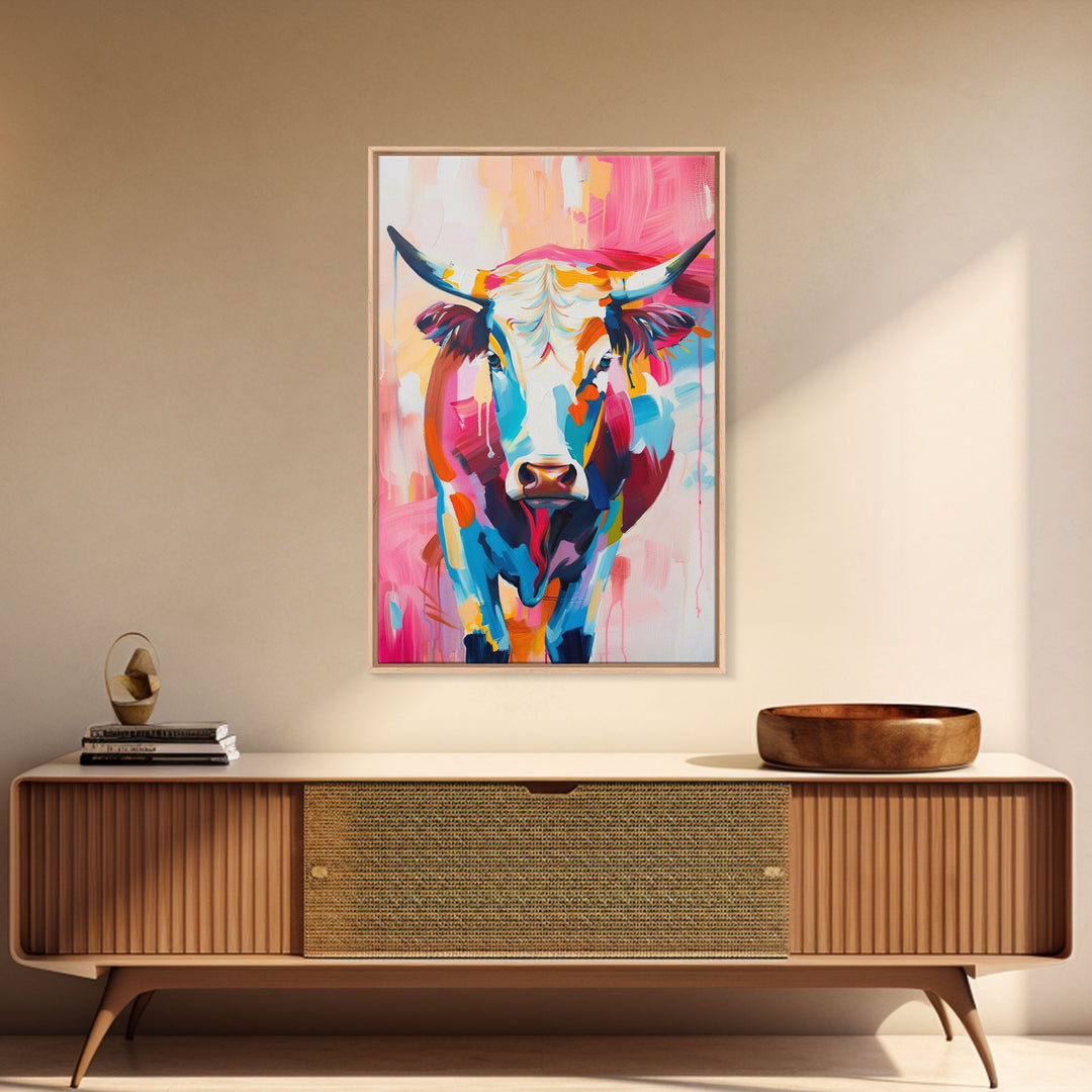 Vibrant Cow Head in Bold Colors - Framed Canvas Print, Modern Wall Art, Living Room Decor Colorful Animal Artwork, Cow Portrait, Bedroom Art