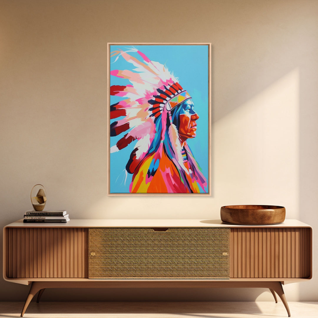 Vibrant Native American Chief Framed Canvas Print - Bold Wall Art, Living Room Decor, Colorful Tribal Art for Bedroom, Home Decor