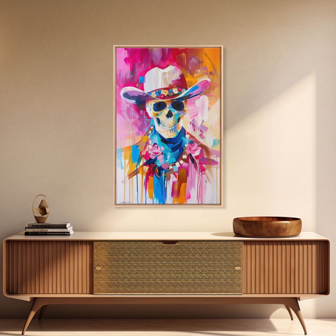 Vibrant Skeleton Cowboy Art - Framed Canvas Print, Colorful Western Decor, Skull Art, Living Room Wall Art, Unique Home Decor