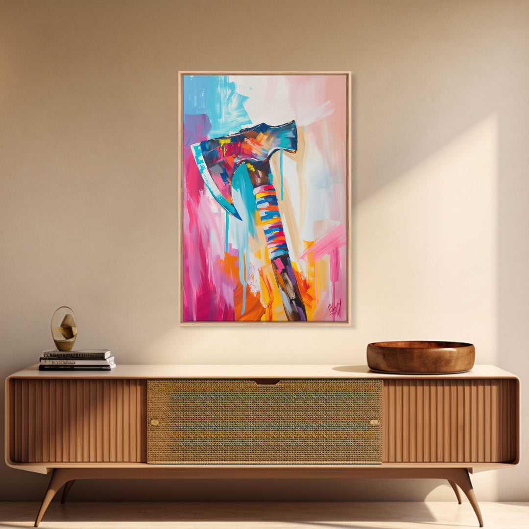 Abstract Colorful Axe Painting - Framed Canvas Print, Unique Living Room Decor, Bold Wall Art, Vibrant Home Decor