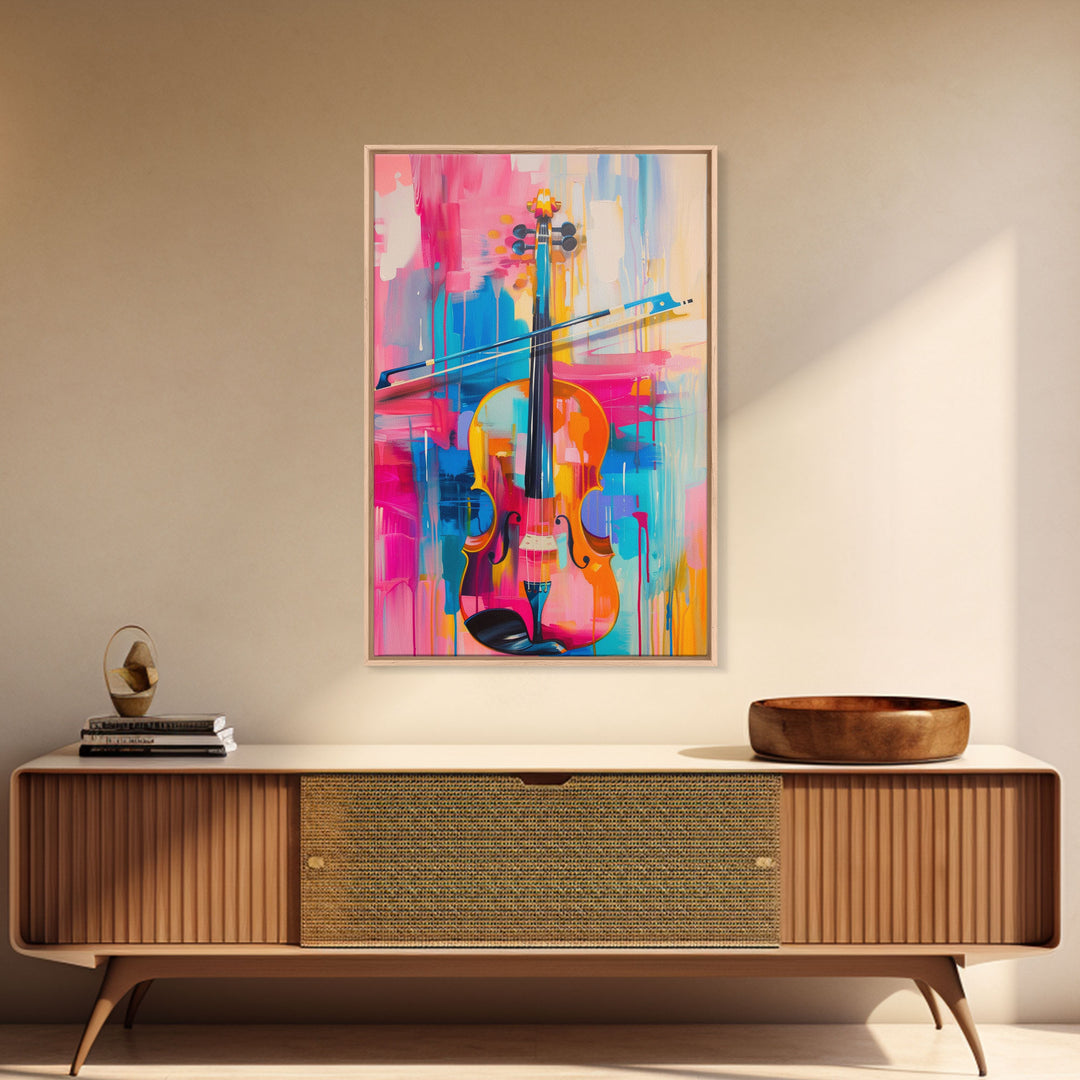 Vibrant Violin Art - Framed Canvas Print, Colorful Musical Decor, Living Room Wall Art, Unique Home Decor, Music Art