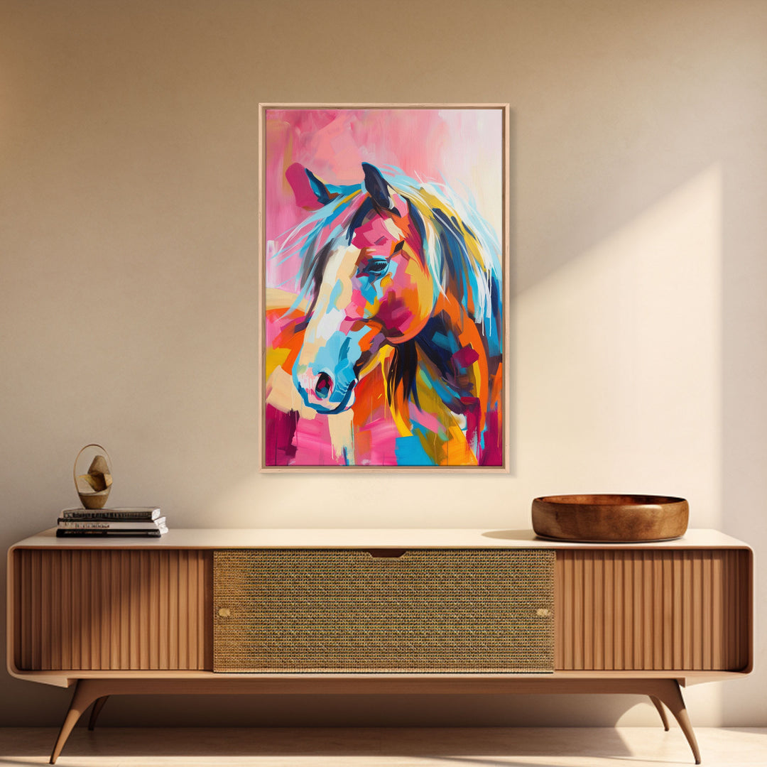 Vibrant Horse Head Painting - Framed Canvas Print, Colorful Living Room Decor, Bold Wall Art, Unique Home Decor