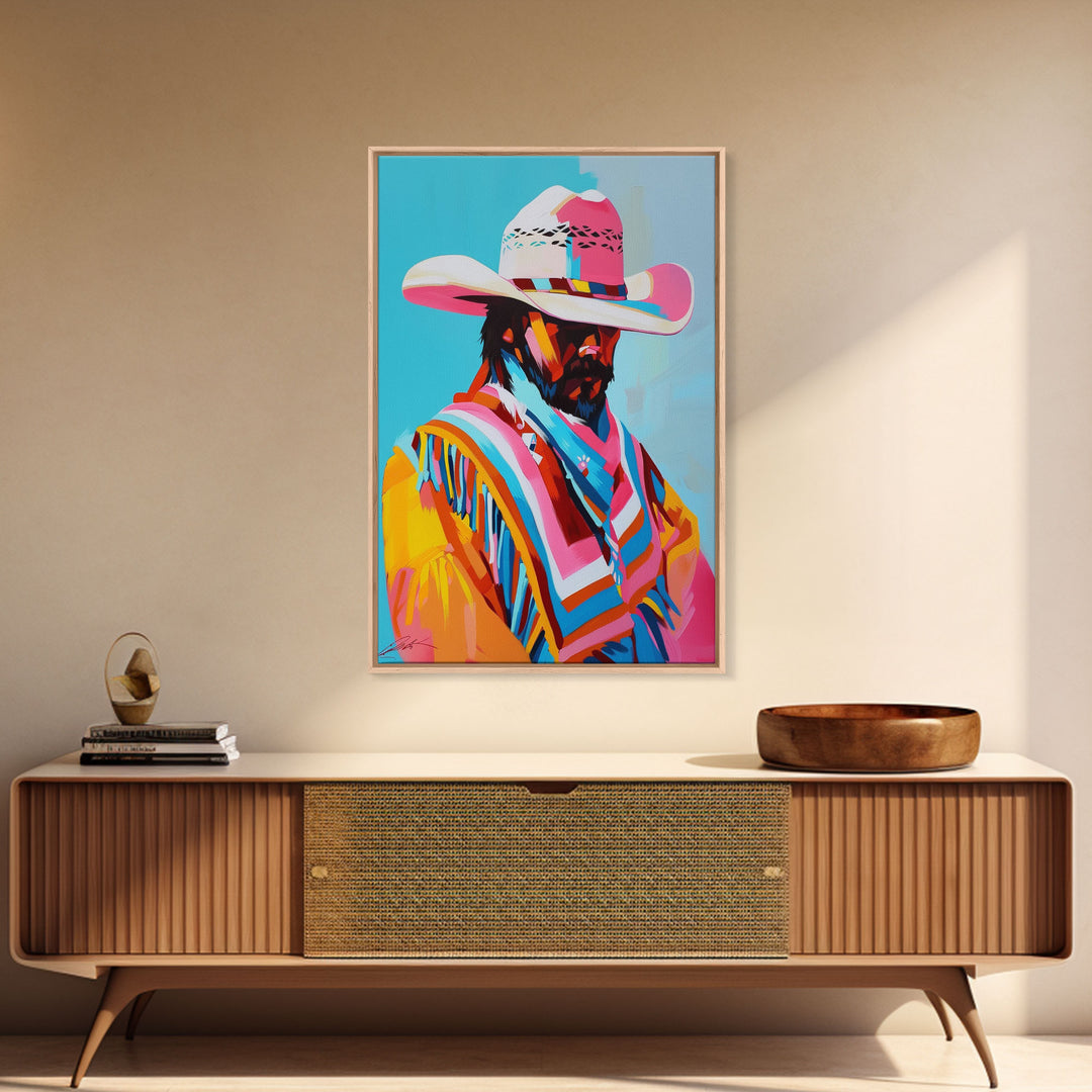 Vibrant Cowboy Portrait - Framed Canvas Print, Colorful Living Room Decor, Bold Wall Art, Unique Home Decor