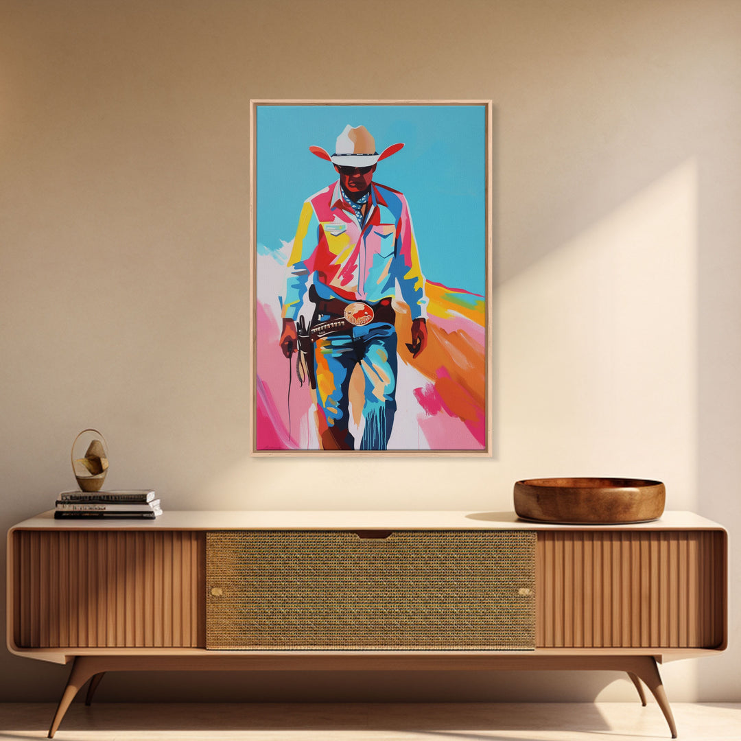 Vibrant Cowboy in Desert Silhouette - Framed Canvas Print, Colorful Western Art, Modern Cowboy Wall Art for Living Room Decor