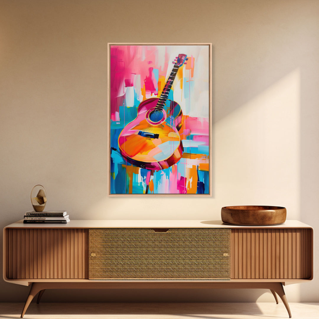 Vibrant Acoustic Guitar Painting - Framed Canvas Print, Colorful Western Art, Musical Wall Art for Living Room Decor