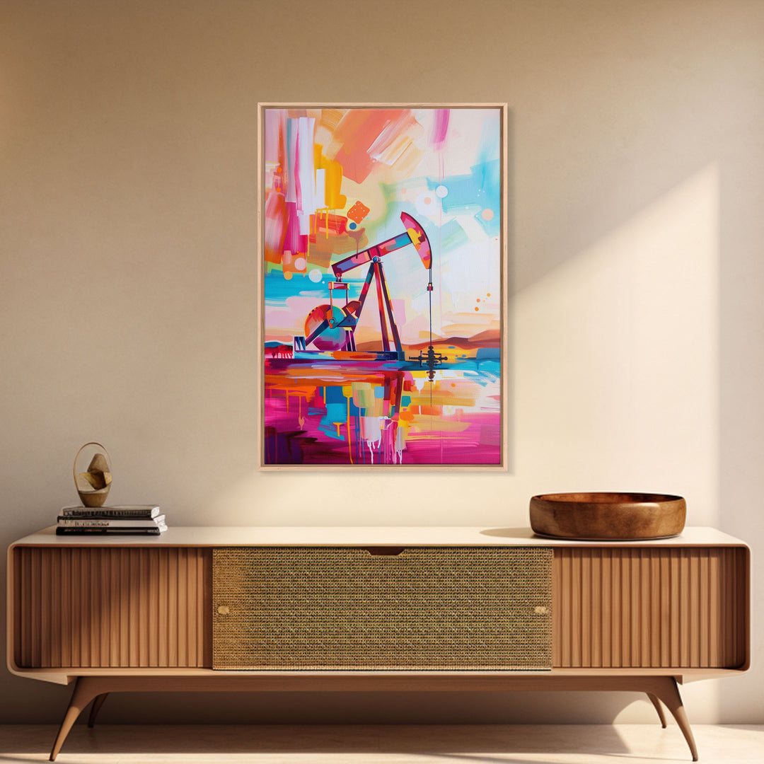 Vibrant Abstract Oil Rig Art - Framed Canvas Print, Modern Industrial Decor, Colorful Oil Pump Wall Art, Unique Living Room Artwork