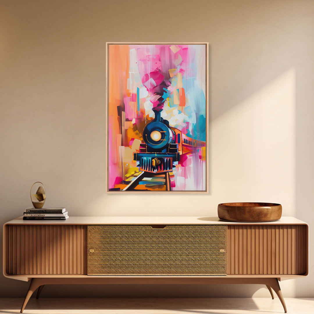 Express Train Canvas Art - Framed Canvas Print, Bold Locomotive Decor, Modern Train Wall Art, Colorful Bedroom Artwork