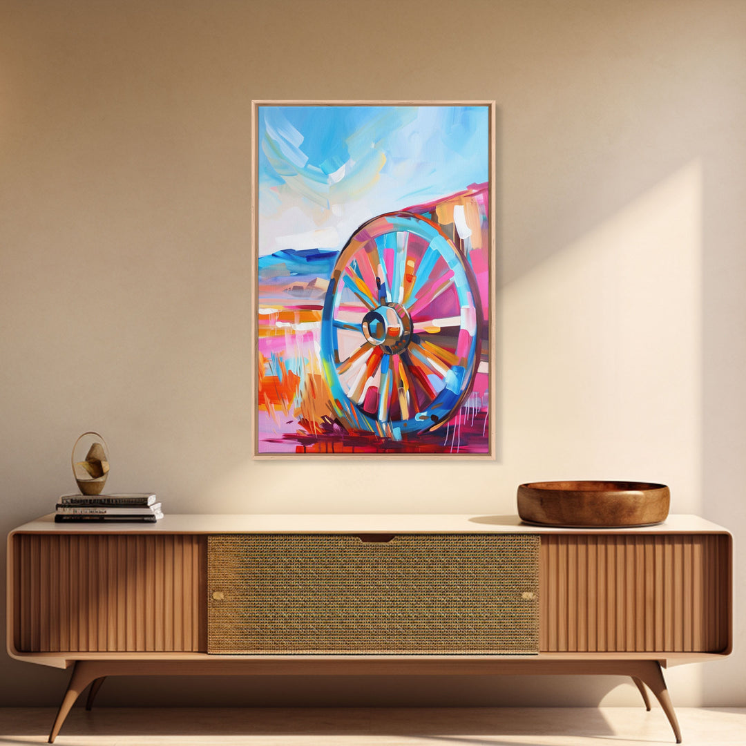 Rustic Wagon Wheel Art - Framed Canvas Print, Colorful Farmhouse Decor, Vibrant Wheel Wall Art, Unique Living Room Artwork