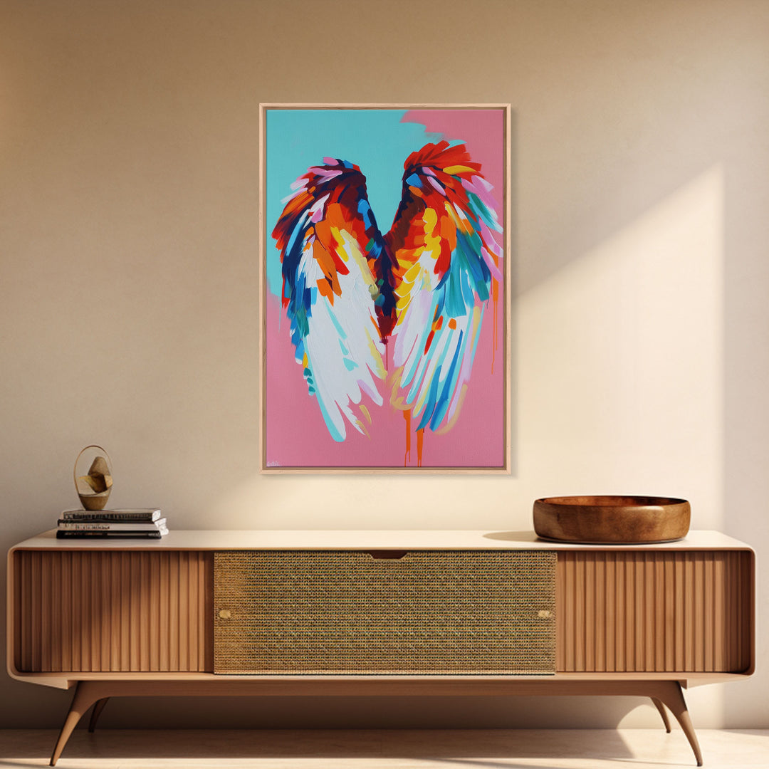 Angel Wings Abstract Art - Framed Canvas Print, Colorful Wing Decor, Modern Angel Wall Art, Whimsical Bedroom Decoration