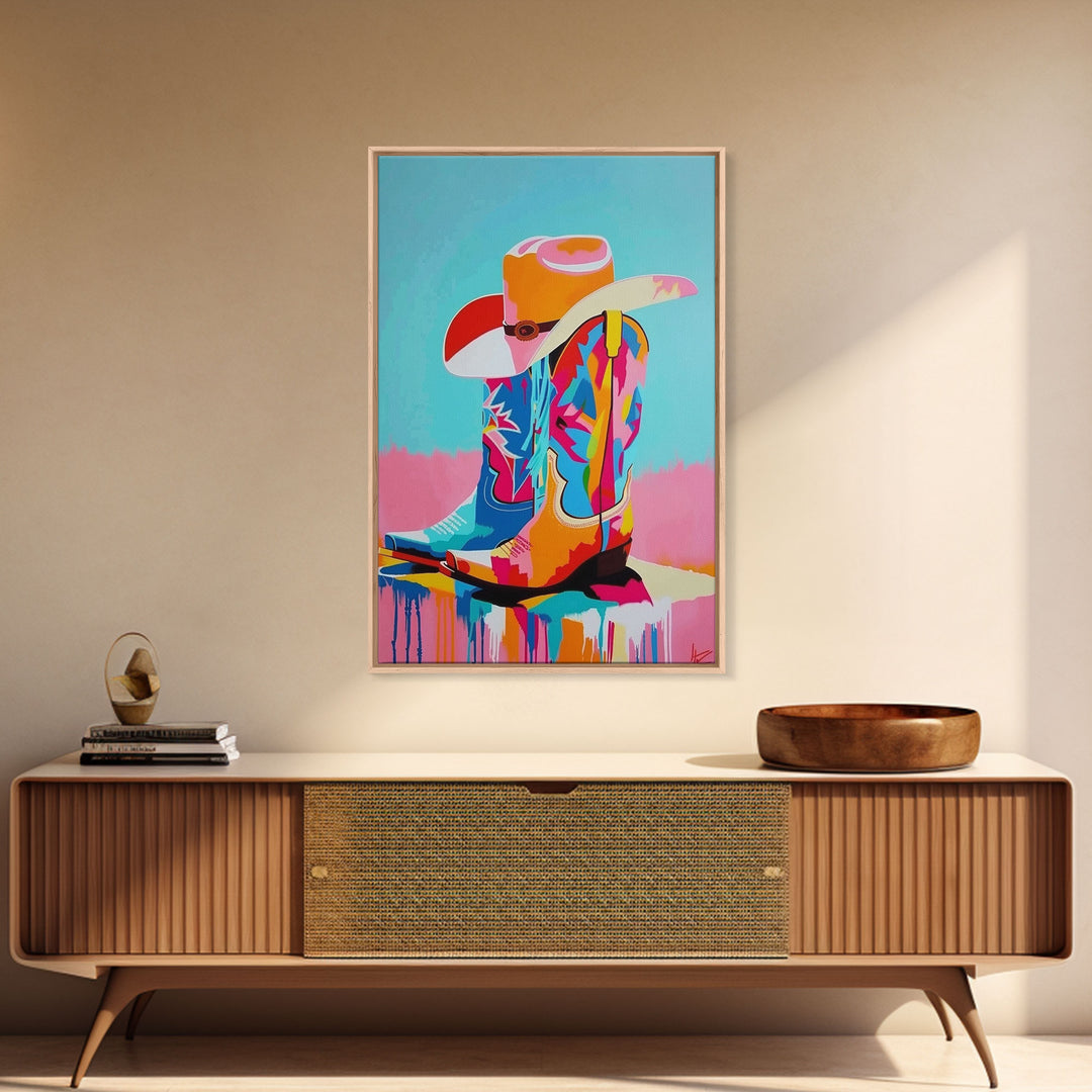 Colorful Cowboy Boots and Hat Illustration - Framed Canvas Print, Vibrant Western Decor, Cowboy Art for Living Room, Western Wall Art