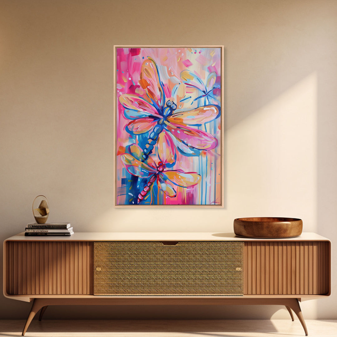 Trio of Colorful Dragonflies in Abstract Art - Framed Canvas Print, Nature-Inspired Wall Art, Vibrant Living Room Decor, Bedroom Art