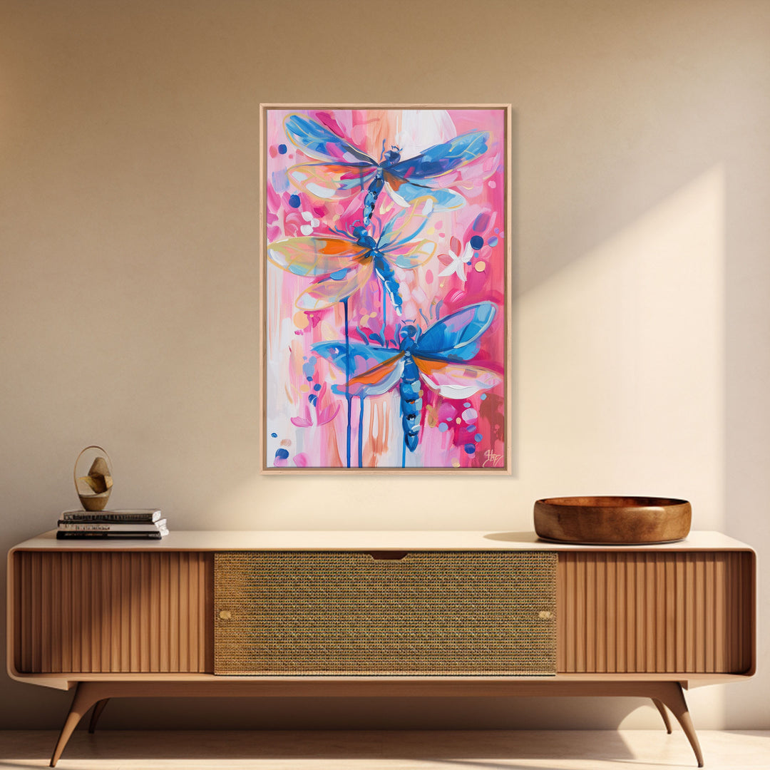 Abstract Dragonfly Trio in Vibrant Colors - Framed Canvas Print, Colorful Nature Art, Living Room Decor, Bedroom Wall Art