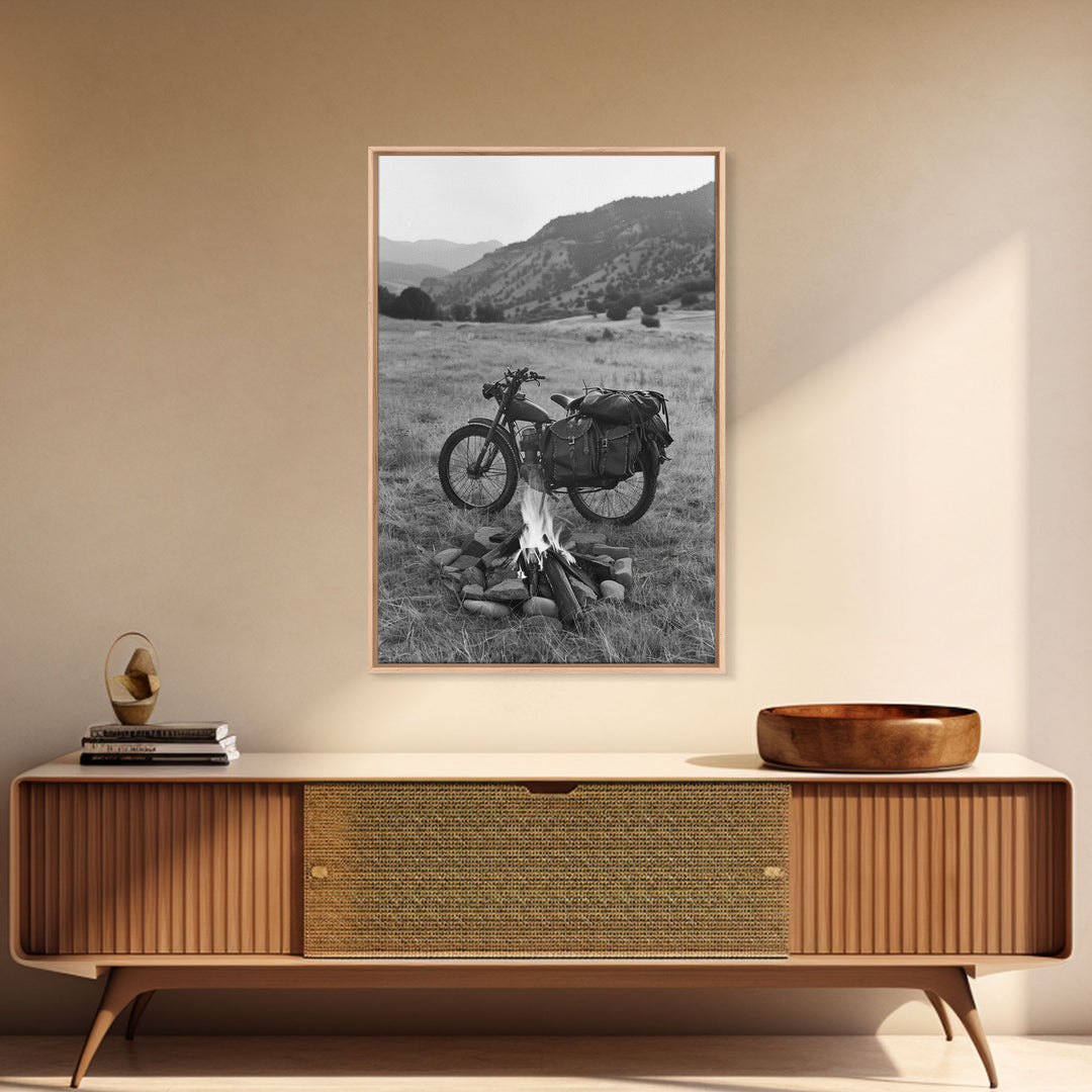 Vintage Motorcycle with Campfire in Black and White for Western Wall Art, Canvas Prints, Rustic Home Decor, Living Room Art, Bedroom Art