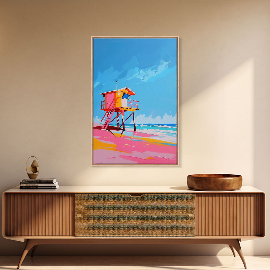 Colorful Lifeguard Tower on Sunny Beach - Framed Canvas Print, Beach House Decor, Coastal Art for Living Room or Office