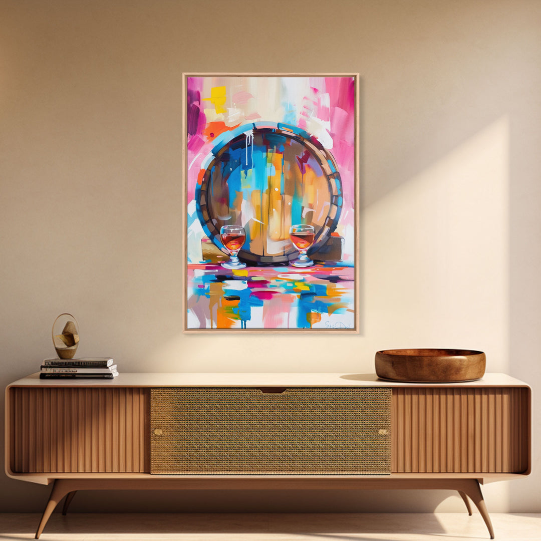 Abstract Wine Barrel with Glasses - Framed Canvas Print, Modern Wine Art, Bar Decor, Wine Lover's Gift