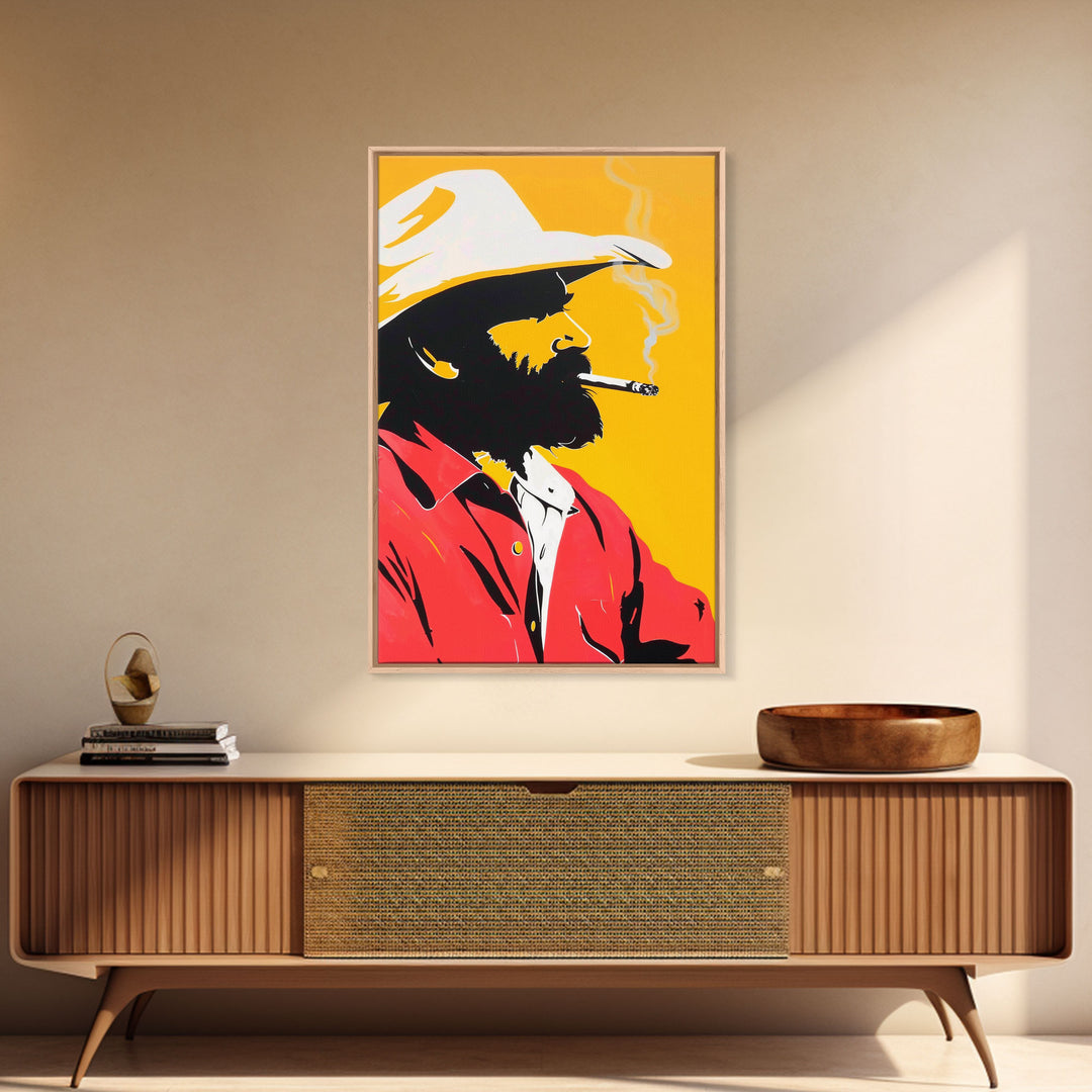 Silhouette of Bearded Man Smoking - Framed Canvas Print, Bold Pop Art, Modern Wall Art for Living Room or Man Cave