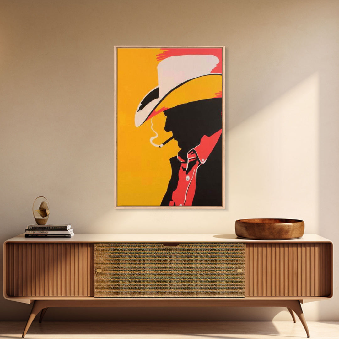 Cowboy Silhouette with Hat and Cigarette - Framed Canvas Print, Western Pop Art, Rustic Decor for Living Room or Office