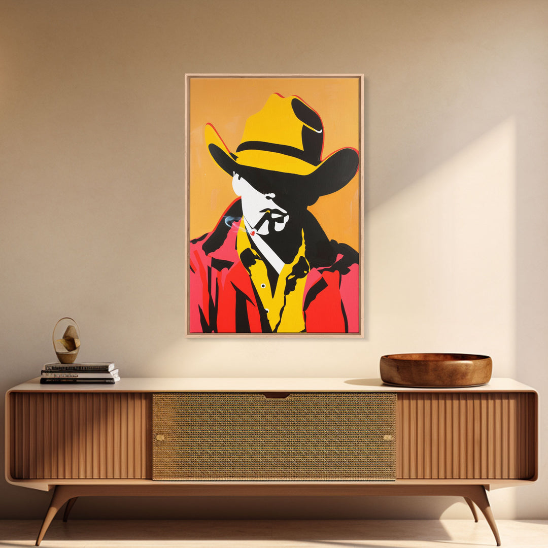 Bold Cowboy Silhouette with Cigarette | Framed Canvas Print | Western Wall Art | Cowboy Art | Living Room Decor | Rustic Home Decor