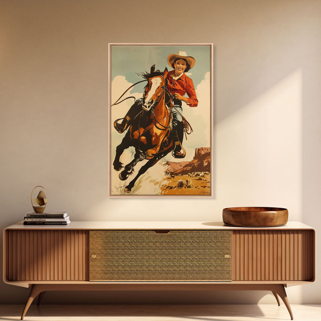 Vibrant Cowgirl Riding a Horse in Western Landscape | Framed Canvas Print | Western Wall Art | Living Room Decor | Rustic Home Decor