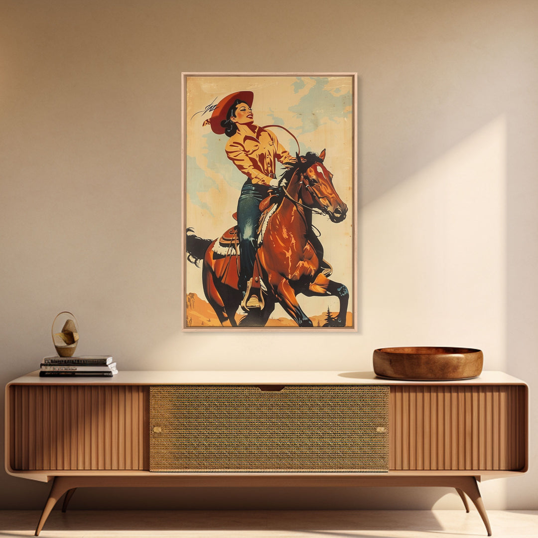 Dynamic Cowgirl on Horseback in Action | Framed Canvas Print | Western Wall Art | Living Room Decor | Rustic Home Decor