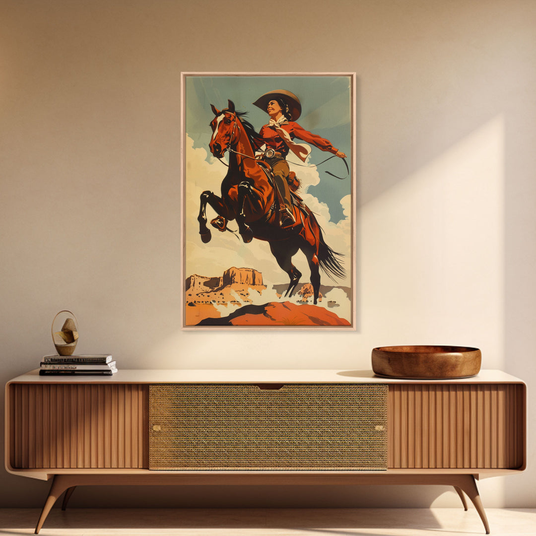 Elegant Cowgirl Commanding Horse | Framed Canvas Print | Western Wall Art | Living Room Decor | Rustic Home Decor