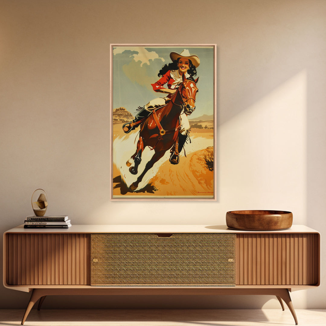 Graceful Cowgirl Jumping with Horse | Framed Canvas Print | Western Wall Art | Living Room Decor | Rustic Home Decor