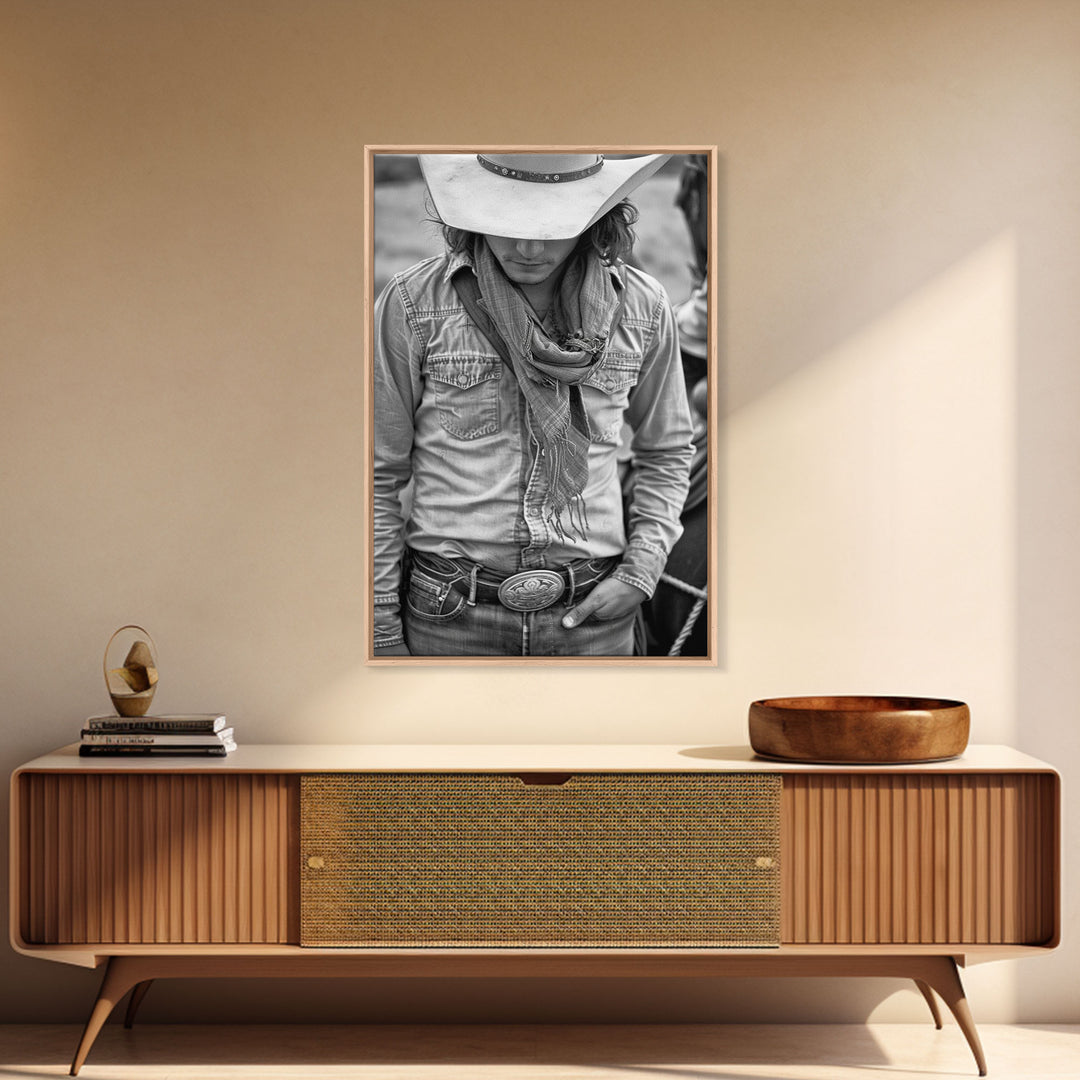 Cowboy with Hat and Scarf Looking Down in Black and White for Western Wall Art, Canvas Prints, Home Decor, Living Room Art, Bedroom Art