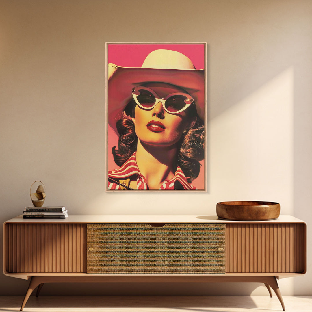 Retro Cowgirl in Sunglasses with Hat Art | Framed Canvas Print | Vintage Western Decor | Classic Cowgirl Wall Art for Home Decor