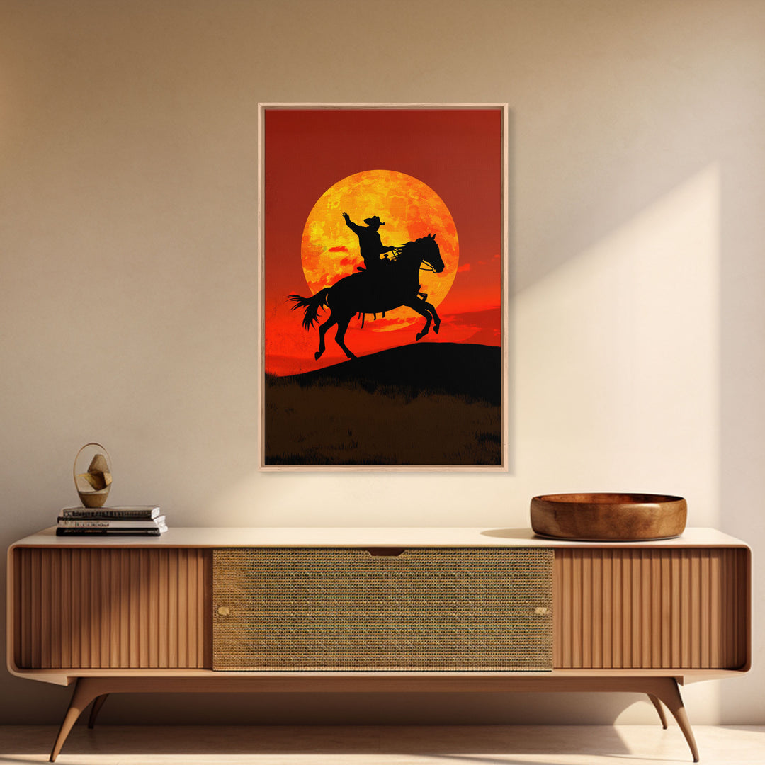 Cowboy Silhouette on Horseback at Sunset | Framed Canvas Print | Western Landscape Art | Rustic Cowboy Wall Art for Living Room