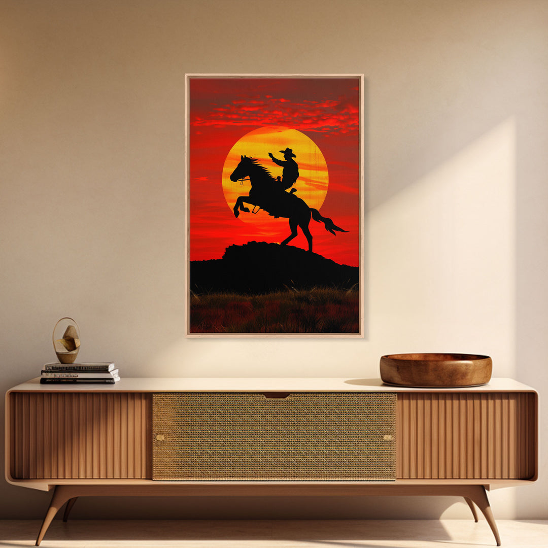 Dynamic Cowboy Horse Ride Silhouette at Sunset | Framed Canvas Print | Western Wall Art | Sunset Horseback Wall Art for Home Decor